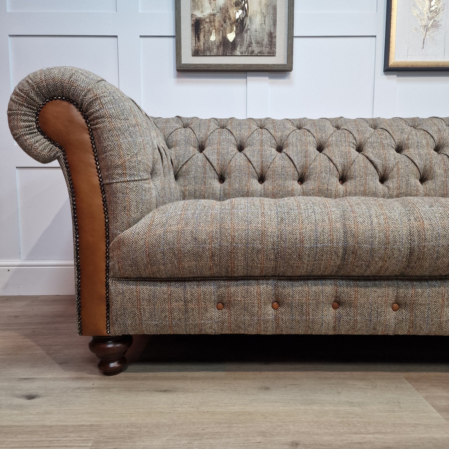 Beige And Brown Harris Tweed And Tan Leather Chesterfield | Stornoway - Rydan Interiors