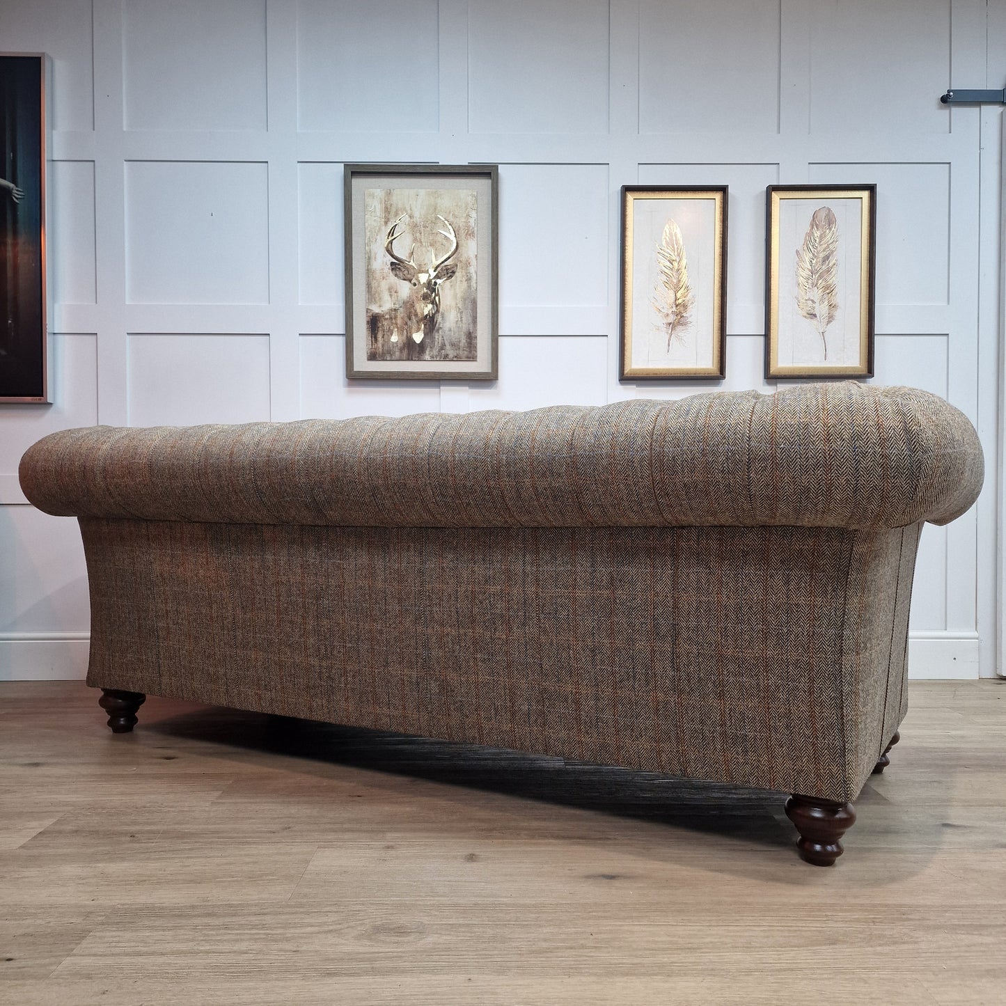 Beige And Brown Harris Tweed And Tan Leather Chesterfield | Stornoway - Rydan Interiors