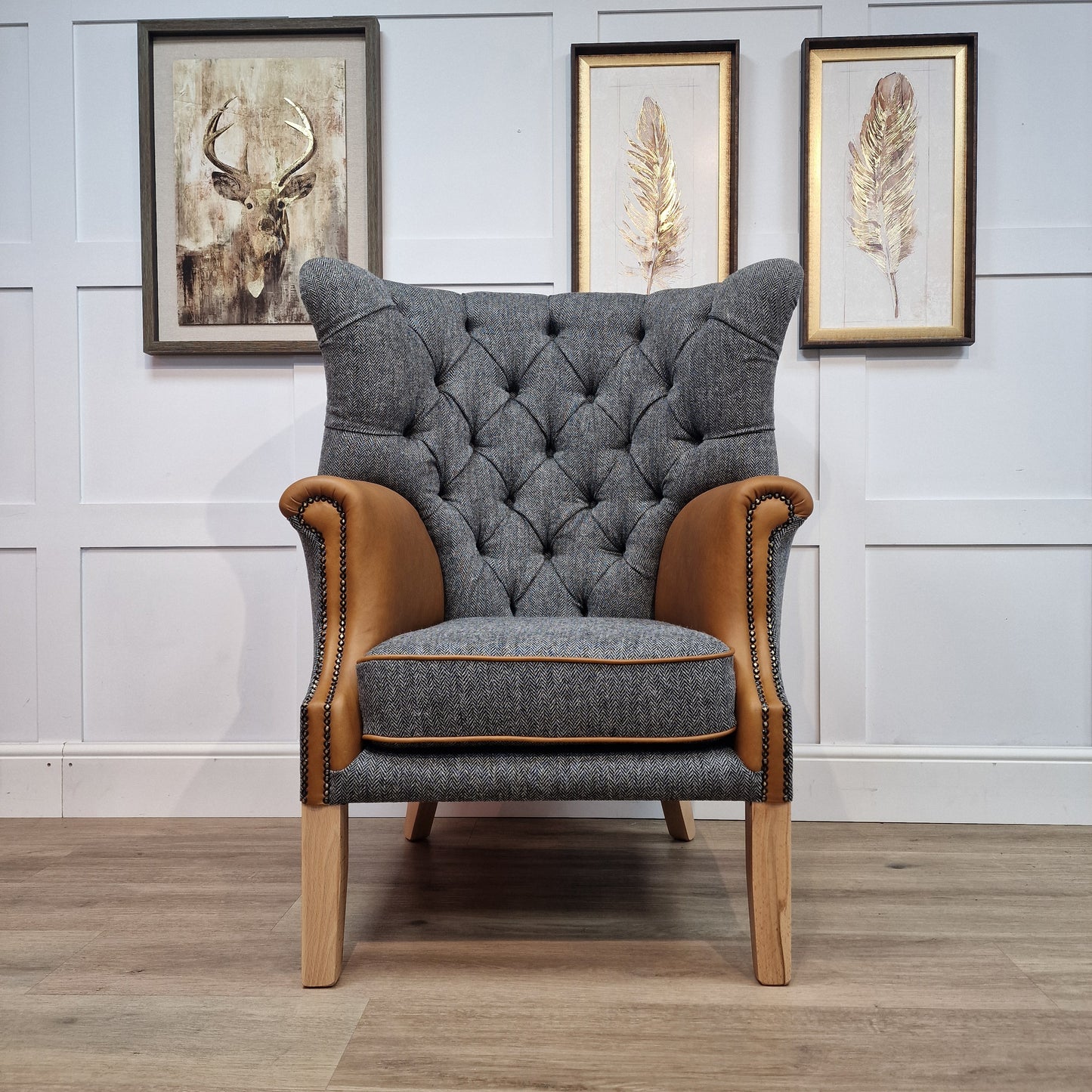 Grey Harris Tweed & Tan Leather Wingback Armchair - Torridon