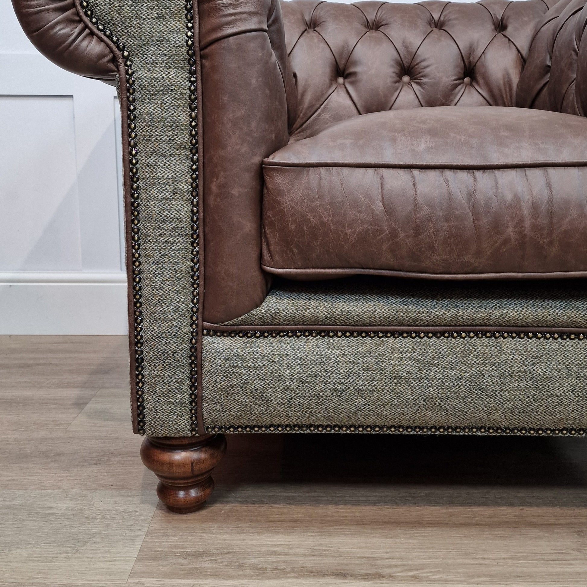 Harris Tweed And Brown Scratch Resistant Leather Armchair - Paisley - Rydan Interiors