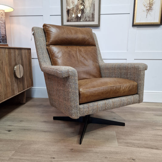 Marley Harris Tweed Swivel Chair | Cerato Leather / Brown and Beige Herringbone - Rydan Interiors