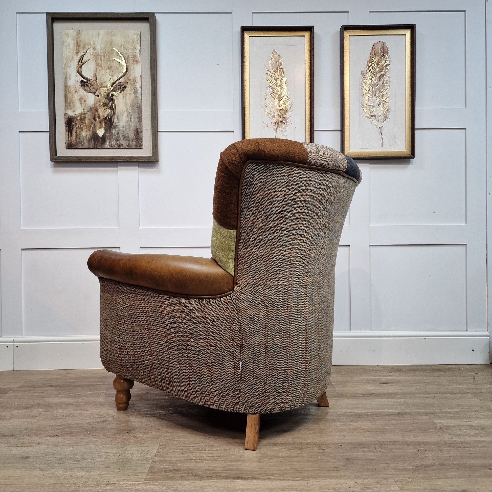 Patchwork Armchair With Leather and Harris Tweed  - Harlequin - Rydan Interiors