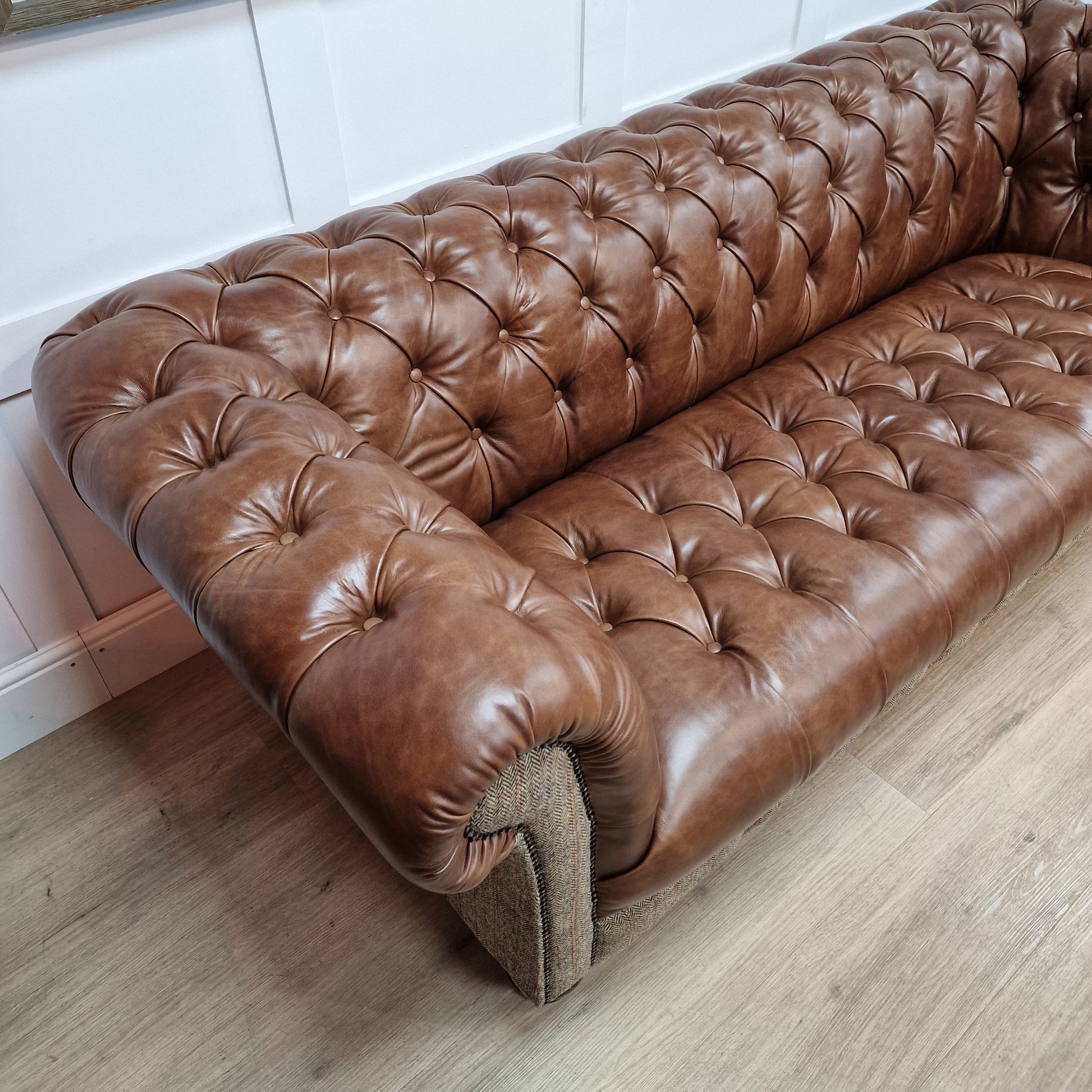 Buck 3 Seater Harris Tweed And Leather Sofa - Brown And Beige Herringbone - Rydan Interiors