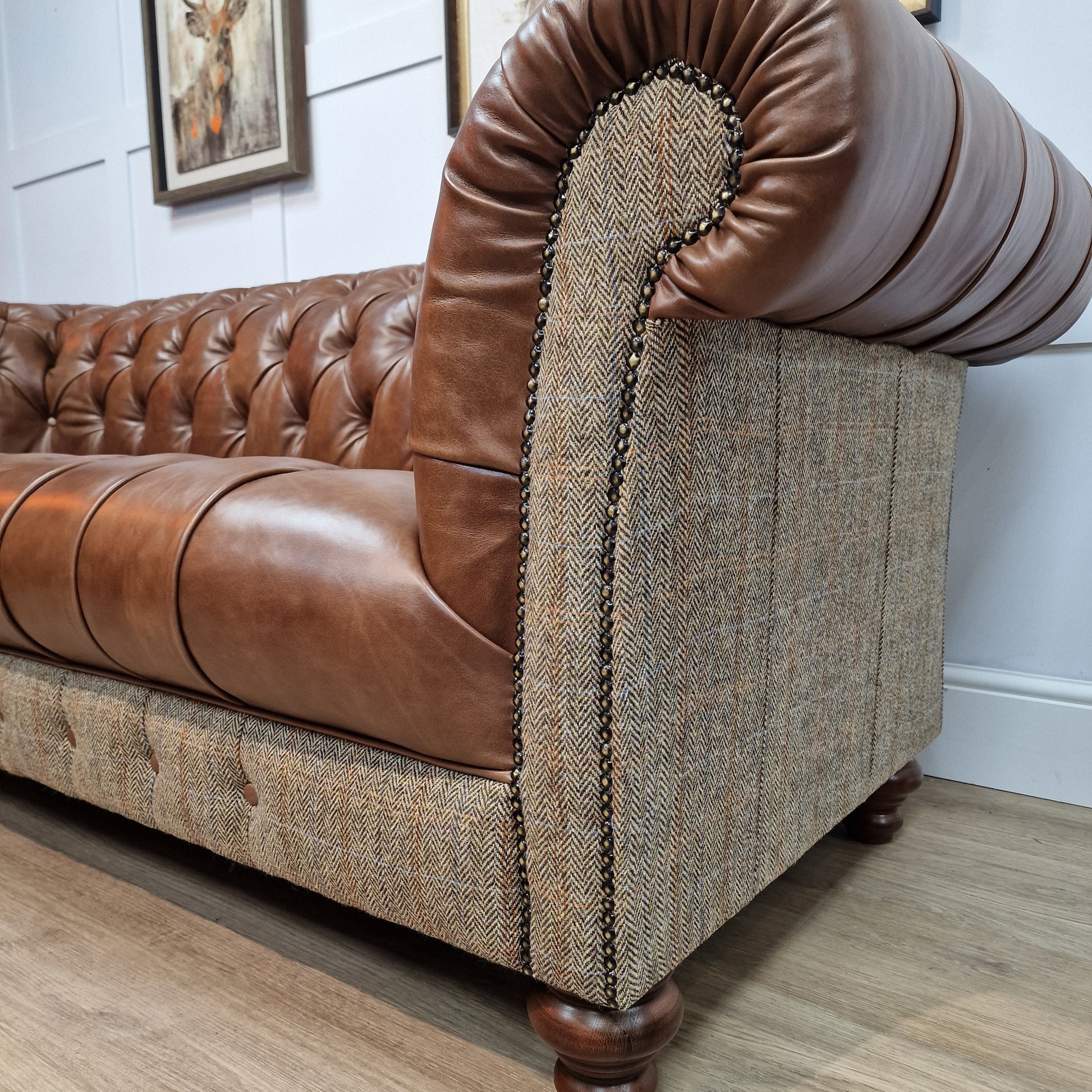 Buck 3 Seater Harris Tweed And Leather Sofa - Brown And Beige Herringbone - Rydan Interiors