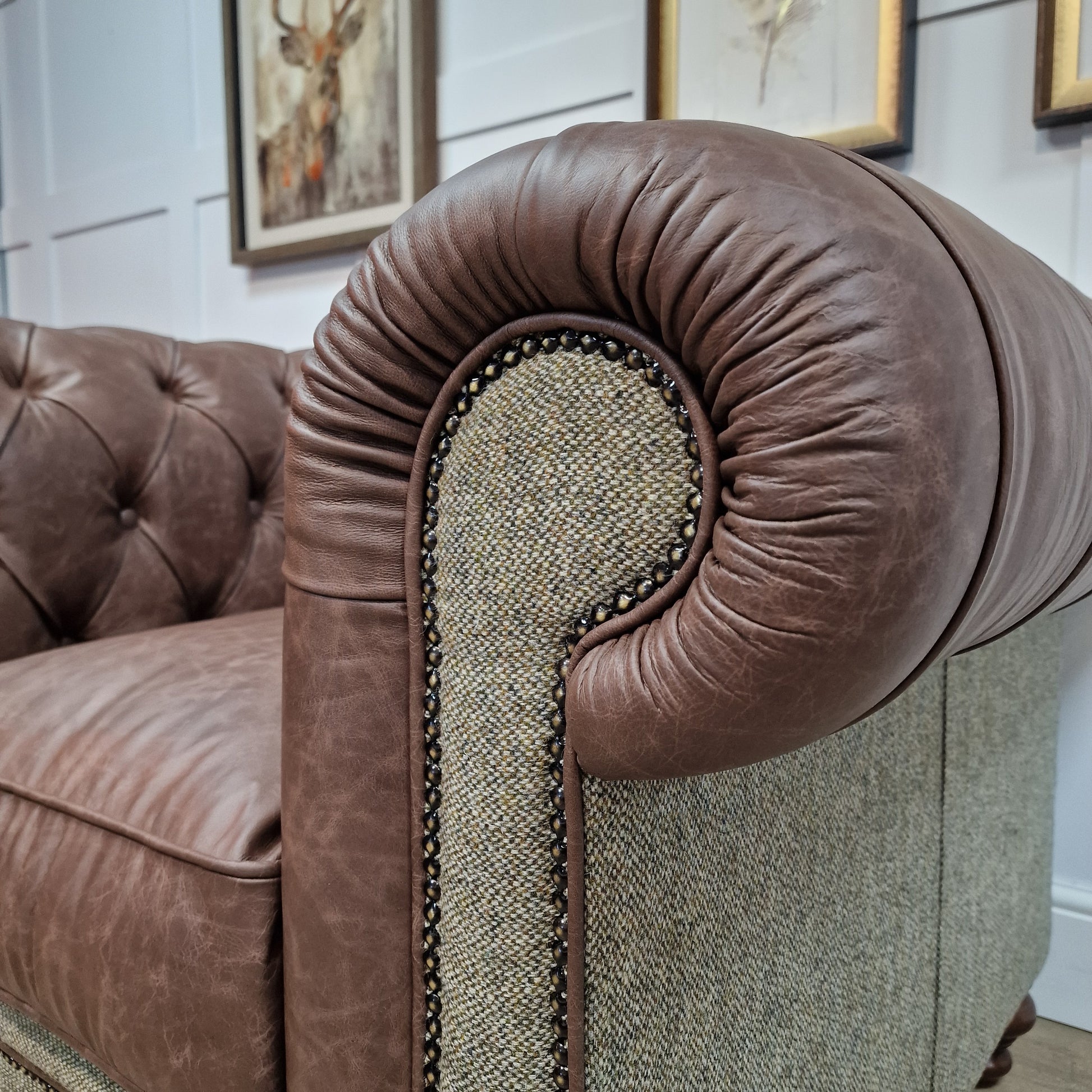 Harris Tweed And Brown Scratch Resistant Leather Armchair - Paisley - Rydan Interiors