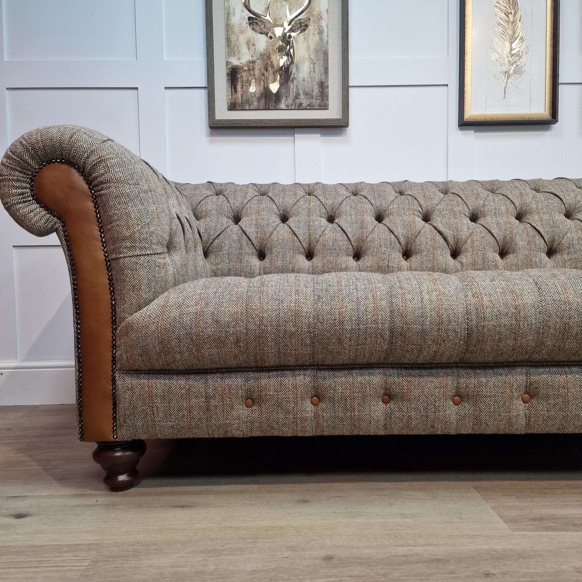 Beige And Brown Harris Tweed And Tan Leather Chesterfield | Stornoway - Rydan Interiors