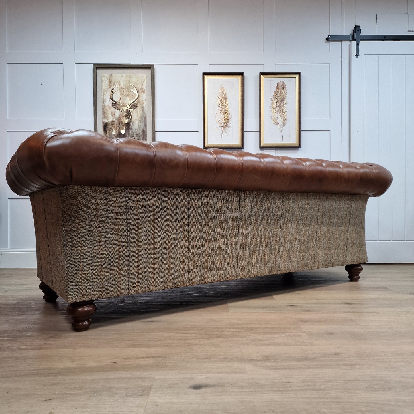 Buck 3 Seater Harris Tweed And Leather Sofa - Brown And Beige Herringbone - Rydan Interiors