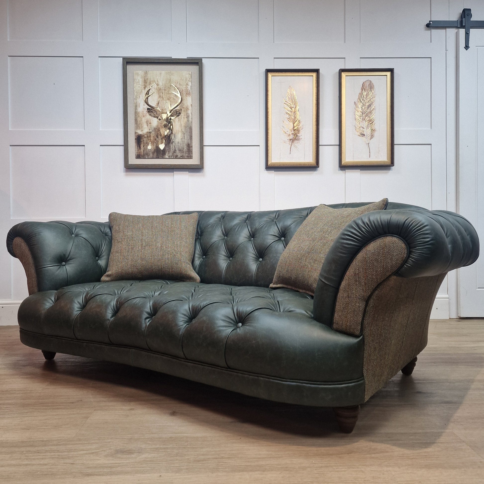 3 Seater Oskar Chesterfield | Heritage Green Leather & Green Mix Harris Tweed (Photography Model) - Rydan Interiors