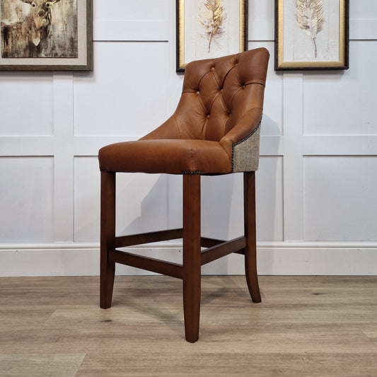 Eddy Brown And Beige Herringbone Harris Tweed and Brandi Leather Barstool - Rydan Interiors