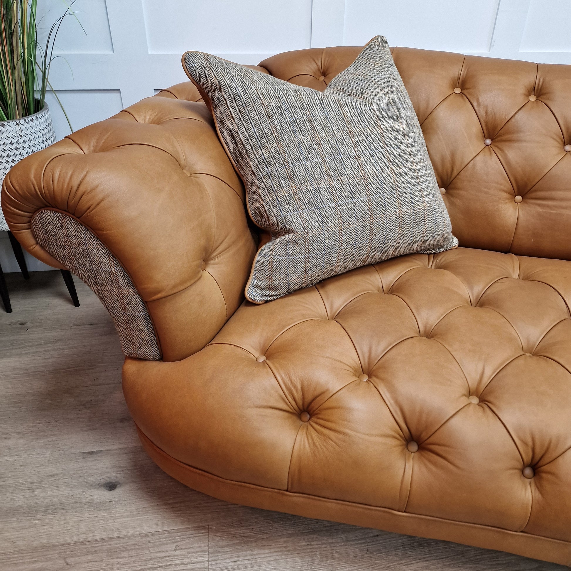 Beige Harris Tweed and Tan Leather Oskar Chesterfield - Rydan Interiors