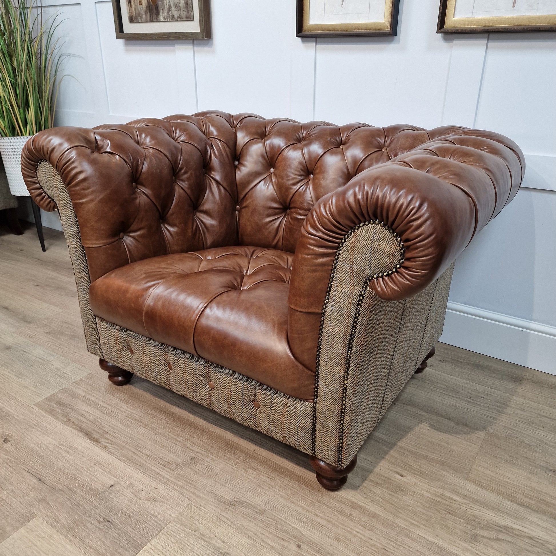 Buck Harris Tweed And Leather Armchair - Brown And Beige Herringbone - Rydan Interiors