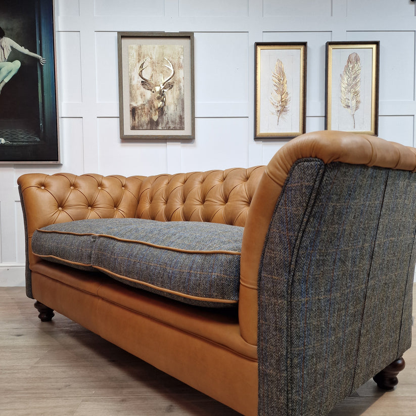 Tahay Harris Tweed & Leather Sofa | Grey & Blue Herringbone | Rydan ...