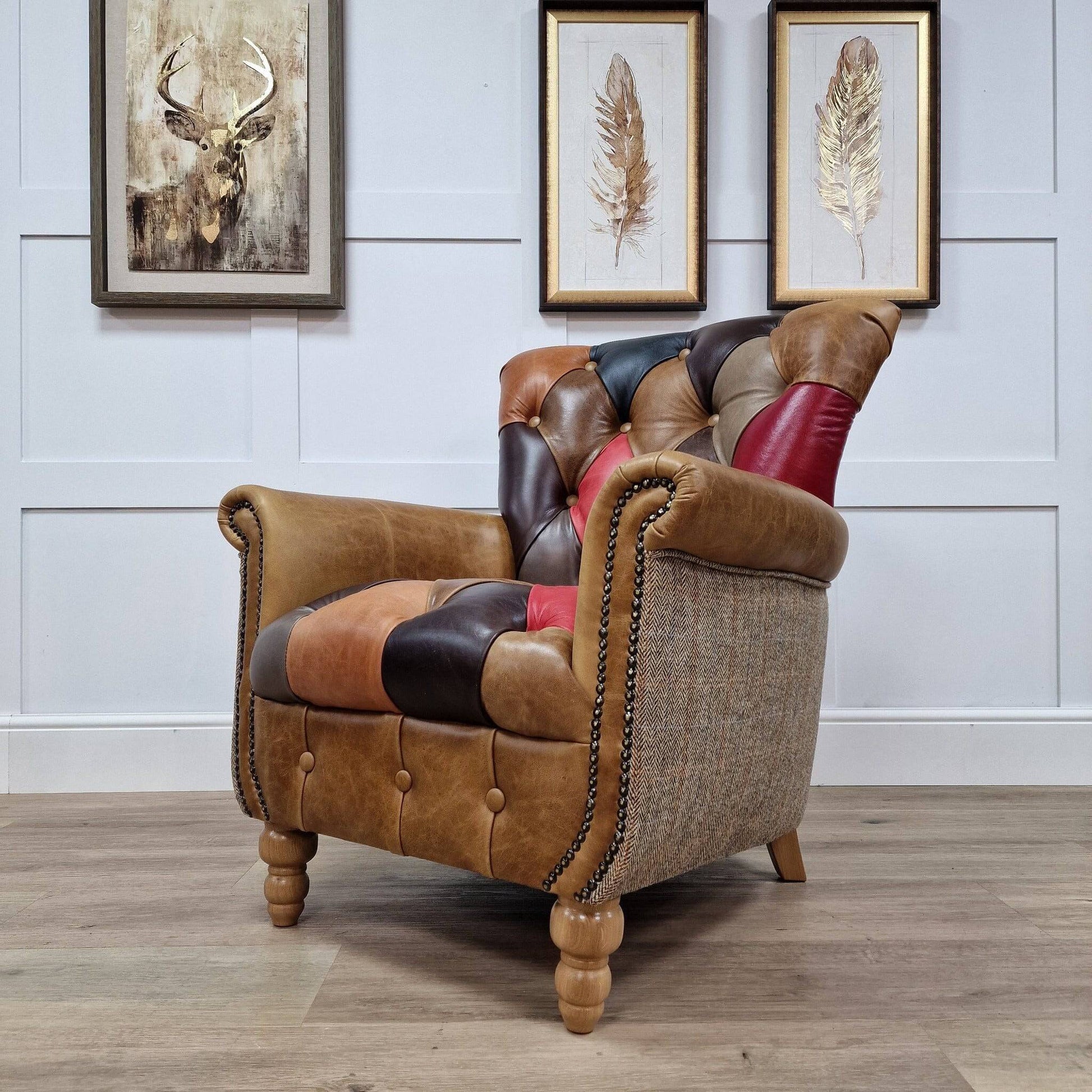 Leather Patchwork & Harris Tweed Armchair - Irvine - Chairs - Rydan Interiors