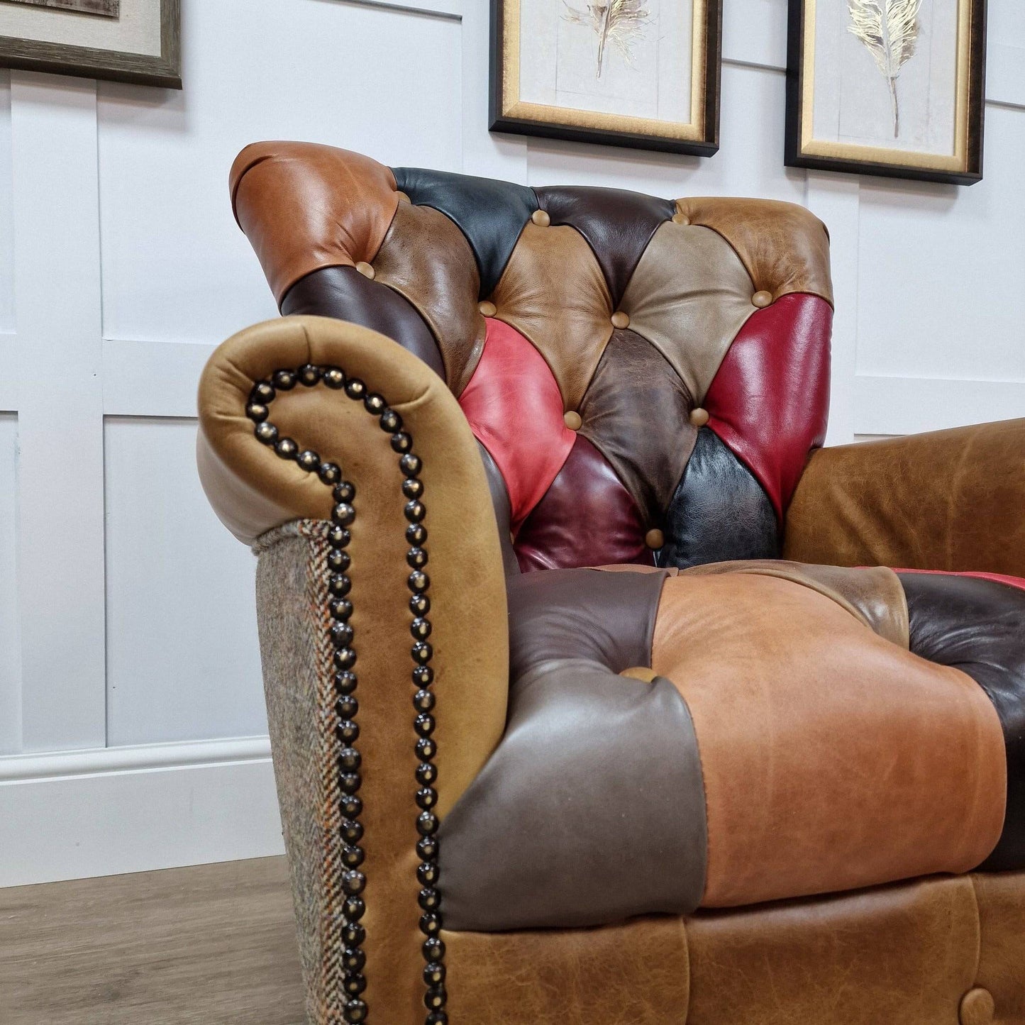 Leather Patchwork & Harris Tweed Armchair - Irvine - Chairs - Rydan Interiors