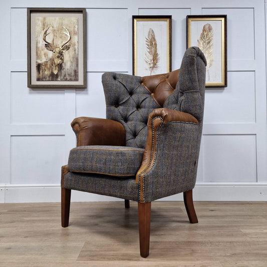 Moreland Grey Harris Tweed & Leather Wingback Armchair - Albert - Chairs - Rydan Interiors