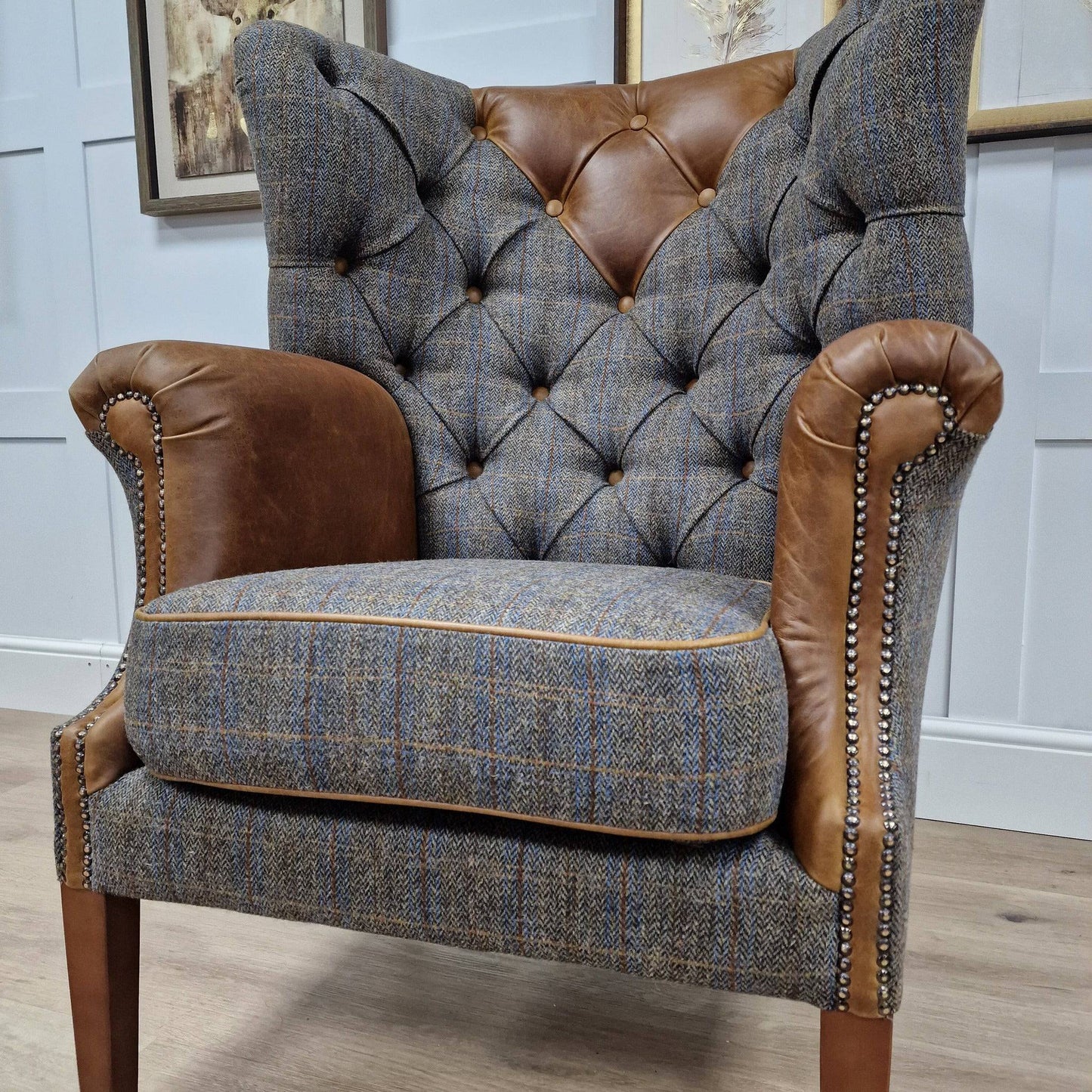 Moreland Grey Harris Tweed & Leather Wingback Armchair - Albert - Chairs - Rydan Interiors