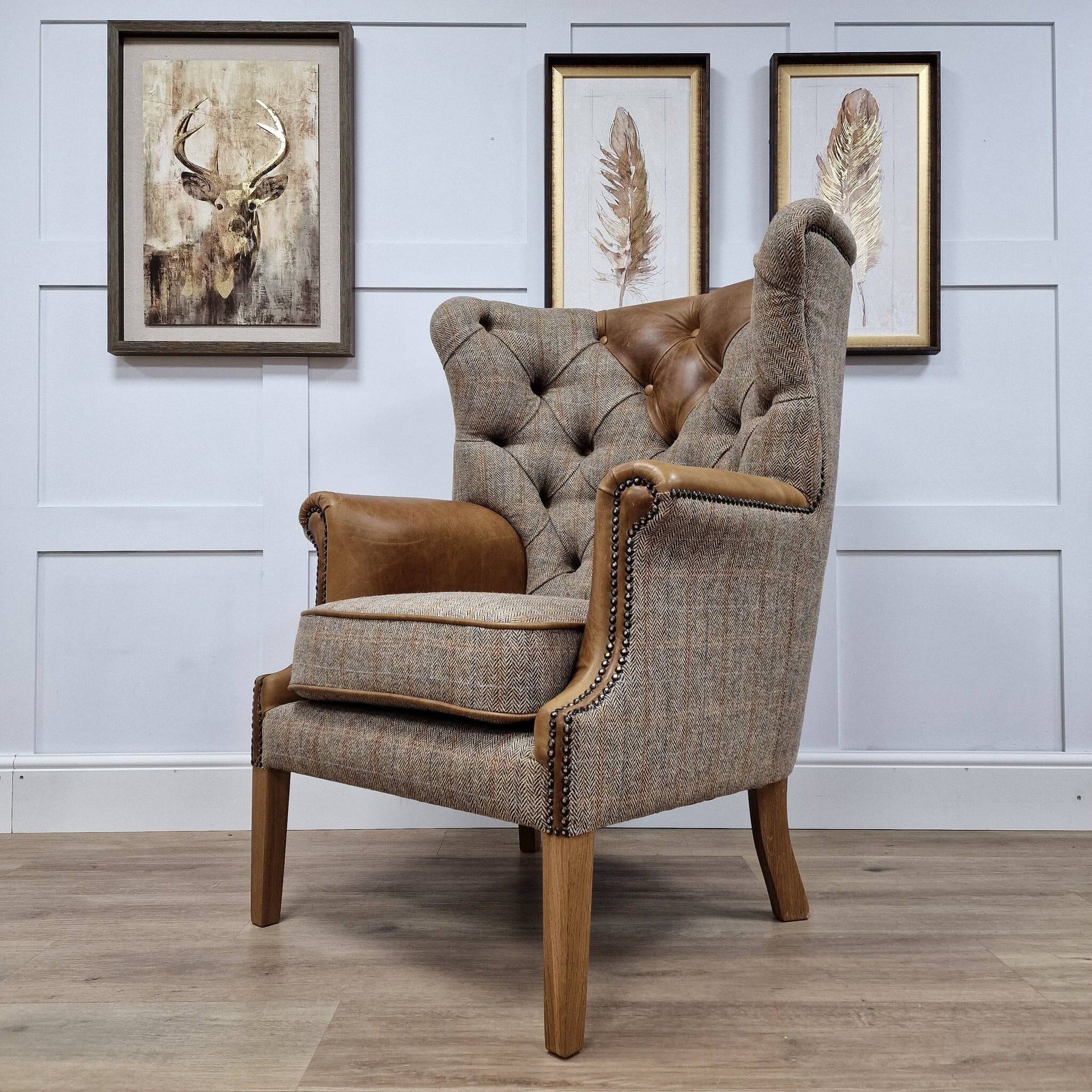 Harris Tweed Armchair Leather Brown and Beige Herringbone