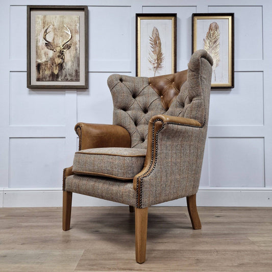 Autumn Woodland & Leather Harris Tweed Wingback Armchair - Frederick - Chairs - Rydan Interiors