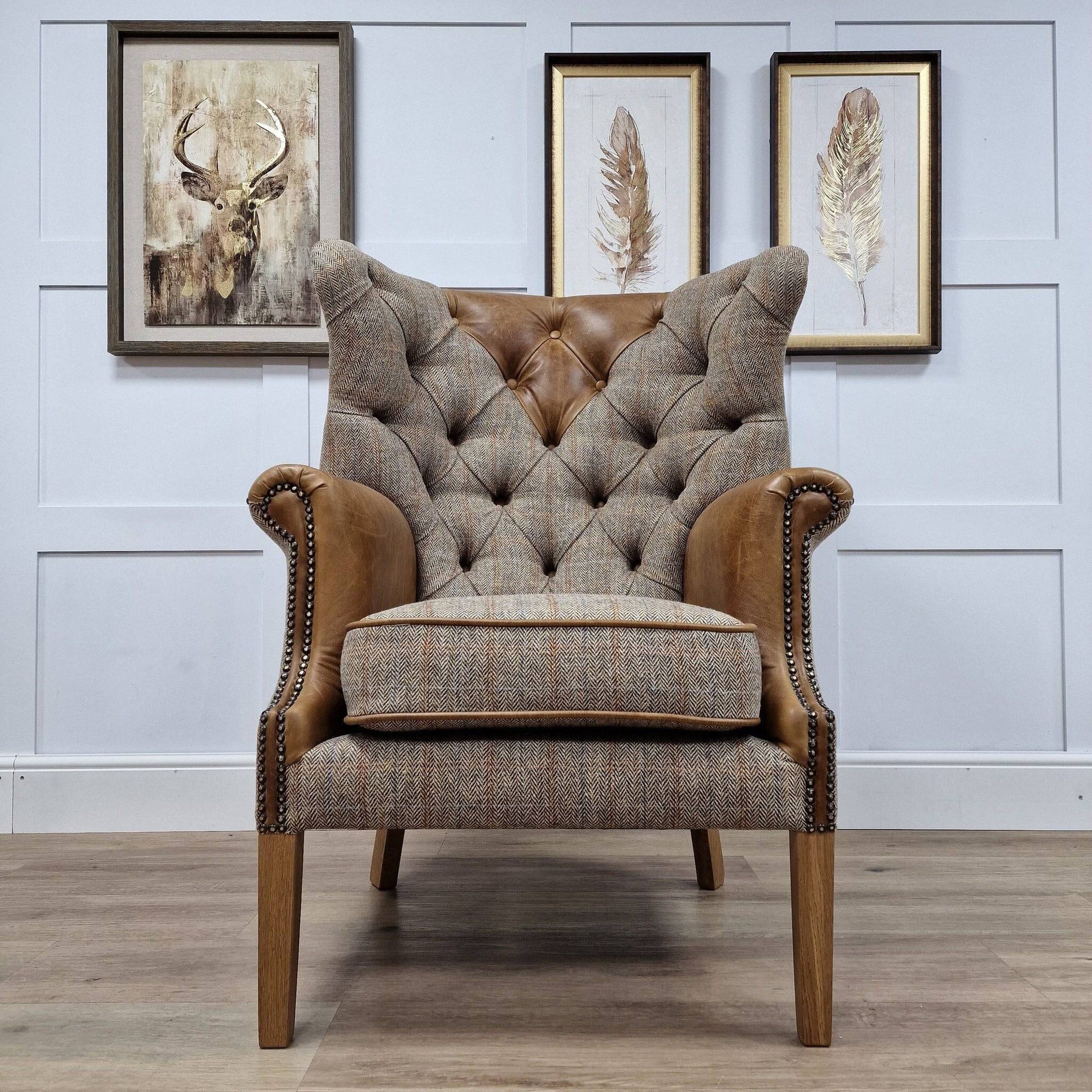 Autumn Woodland & Leather Harris Tweed Wingback Armchair - Frederick - Chairs - Rydan Interiors