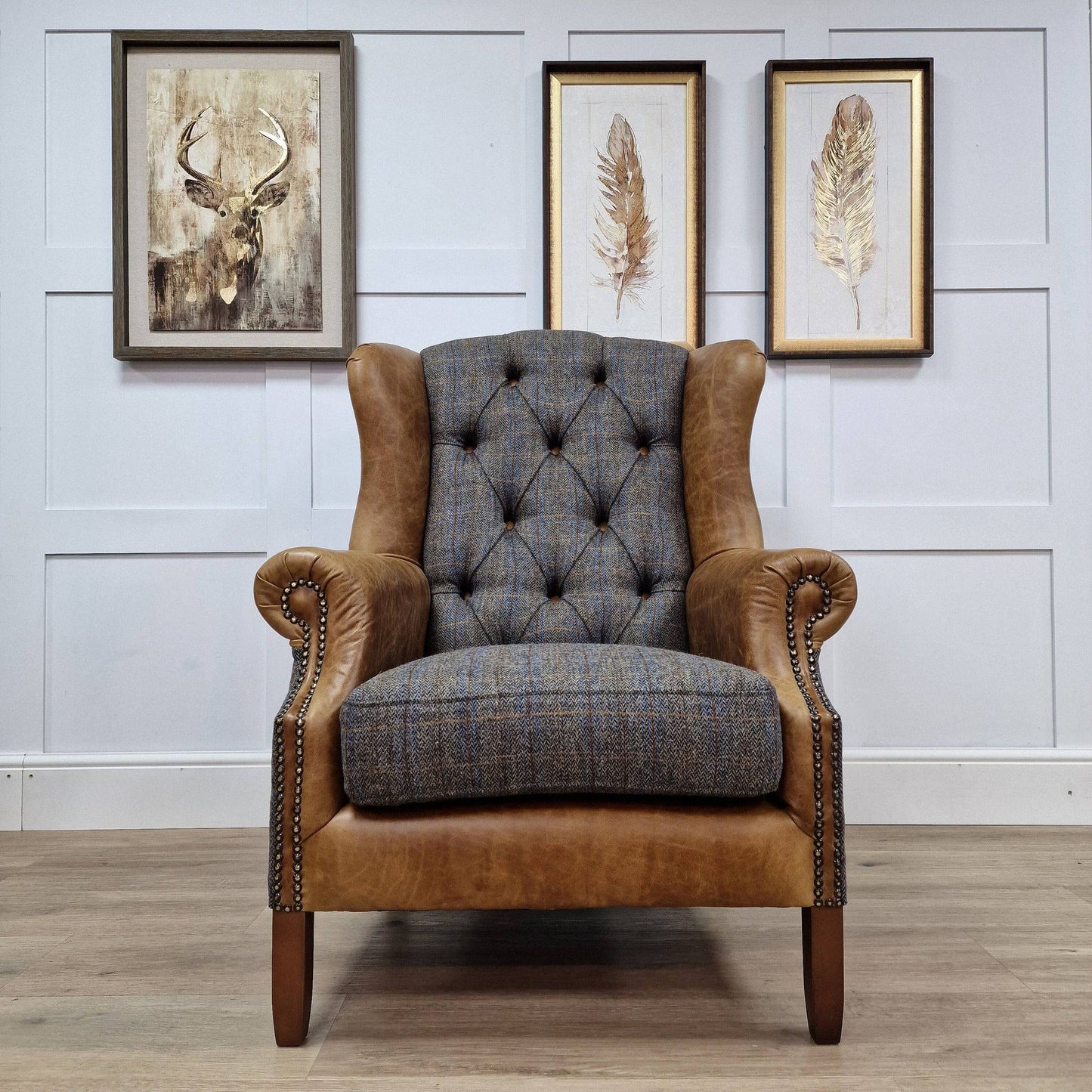 Moreland Grey Harris Tweed & Leather Wing Armchair - Norman - Chairs - Rydan Interiors