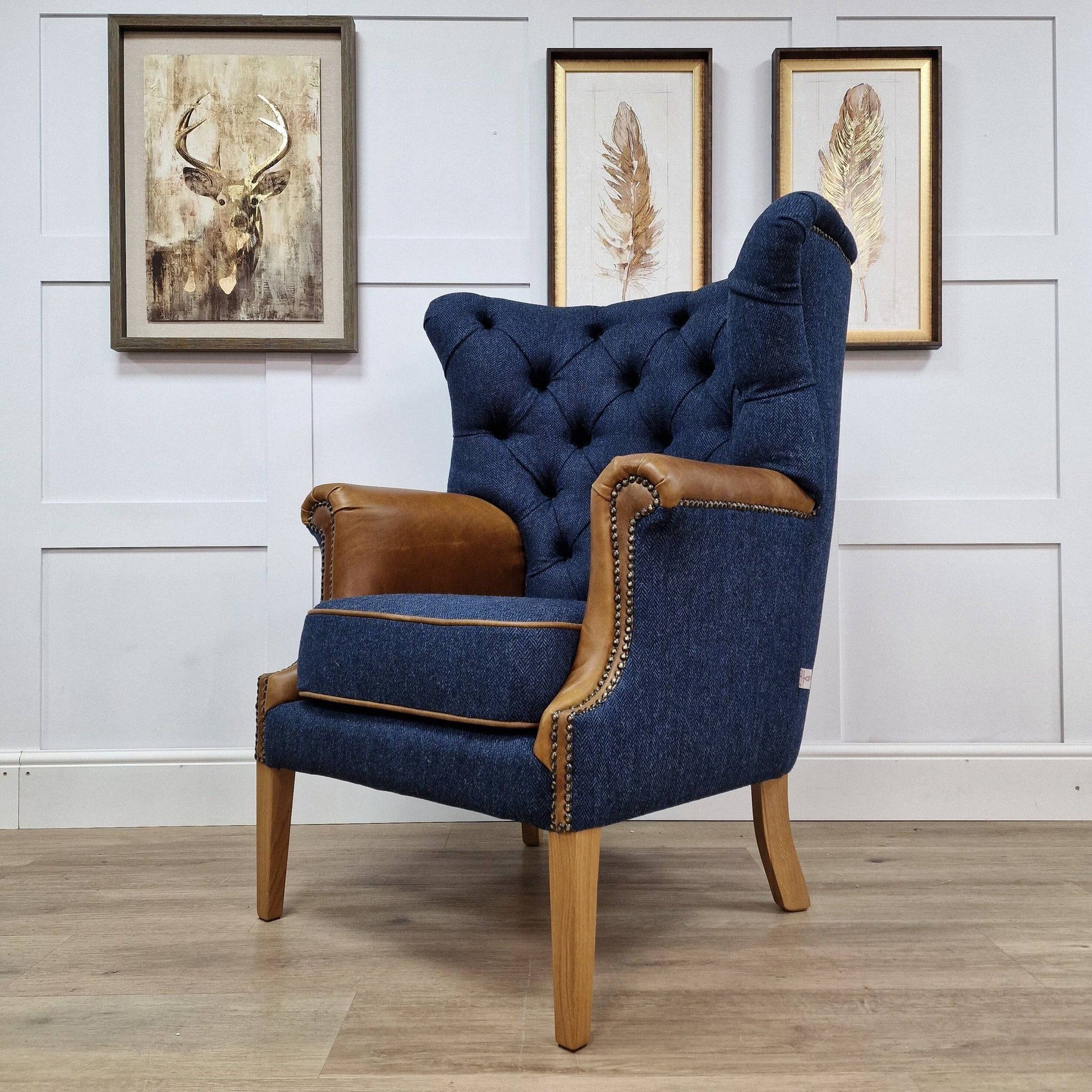 Wingback Armchair - Herringbone Harris Tweed - Dark Blue - Armchair - Rydan Interiors