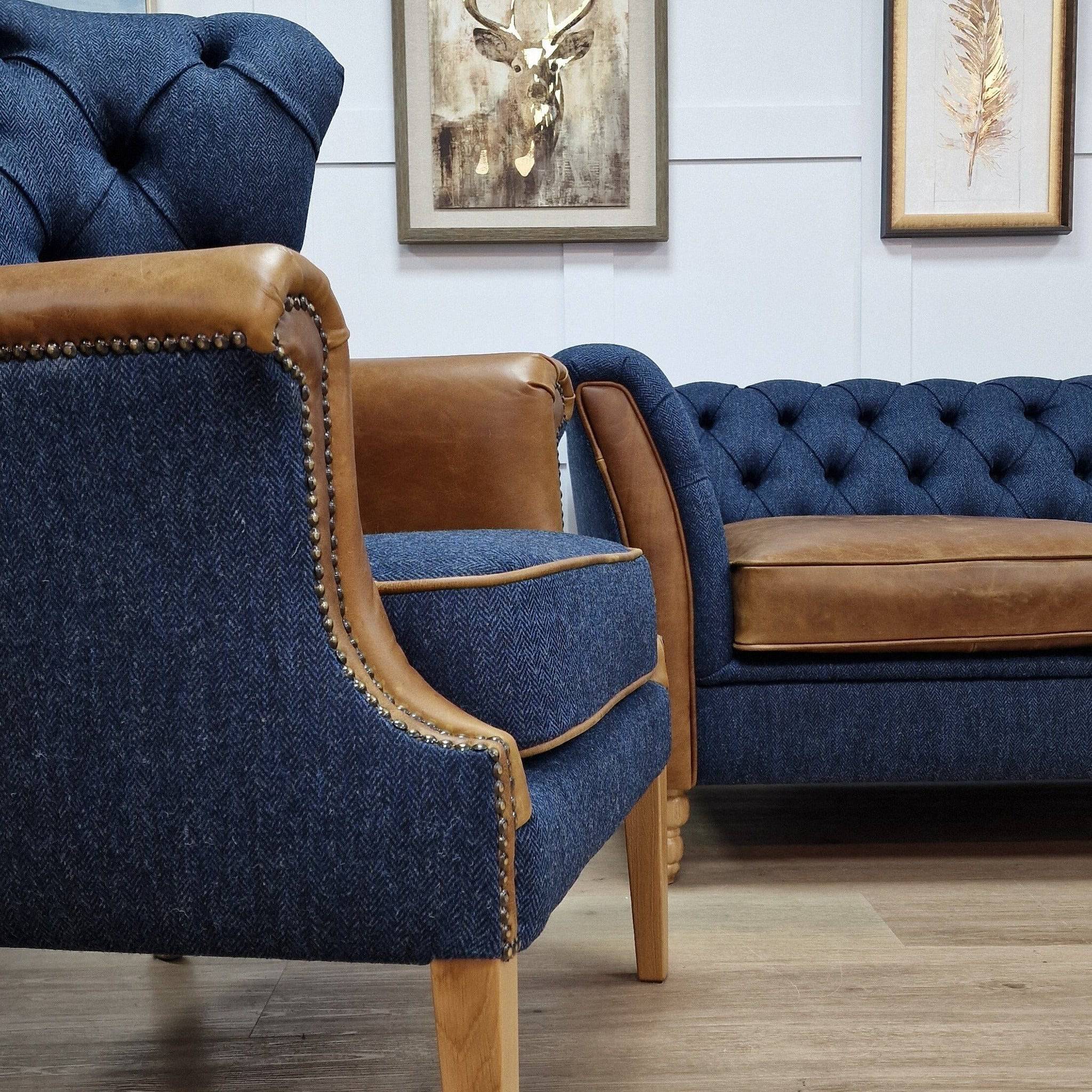 Wingback Armchair Blue Harris Tweed Ed Rydan Interiors