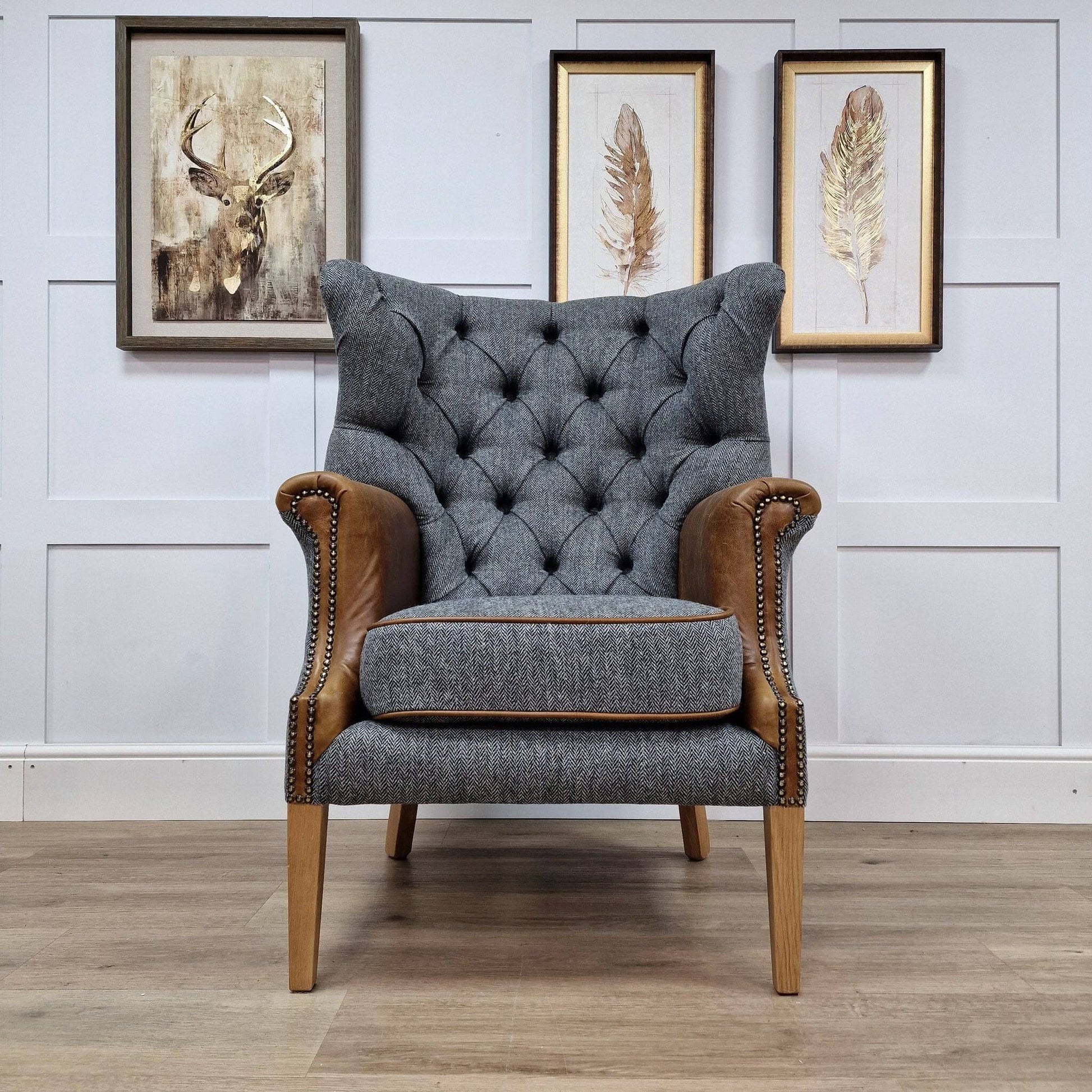 Grey Herringbone Harris Tweed & Leather Wingback Armchair - Dee - Chairs - Rydan Interiors