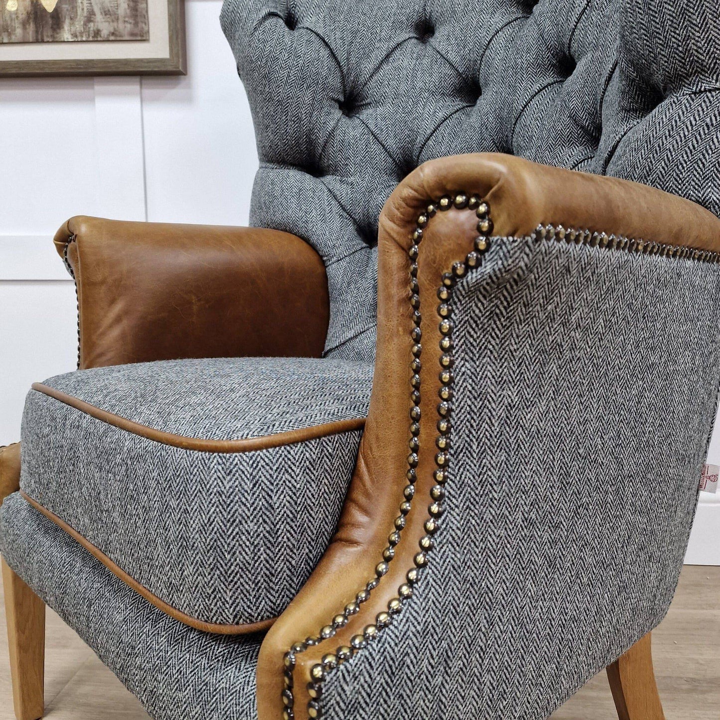 Grey Herringbone Harris Tweed & Leather Wingback Armchair - Dee - Chairs - Rydan Interiors