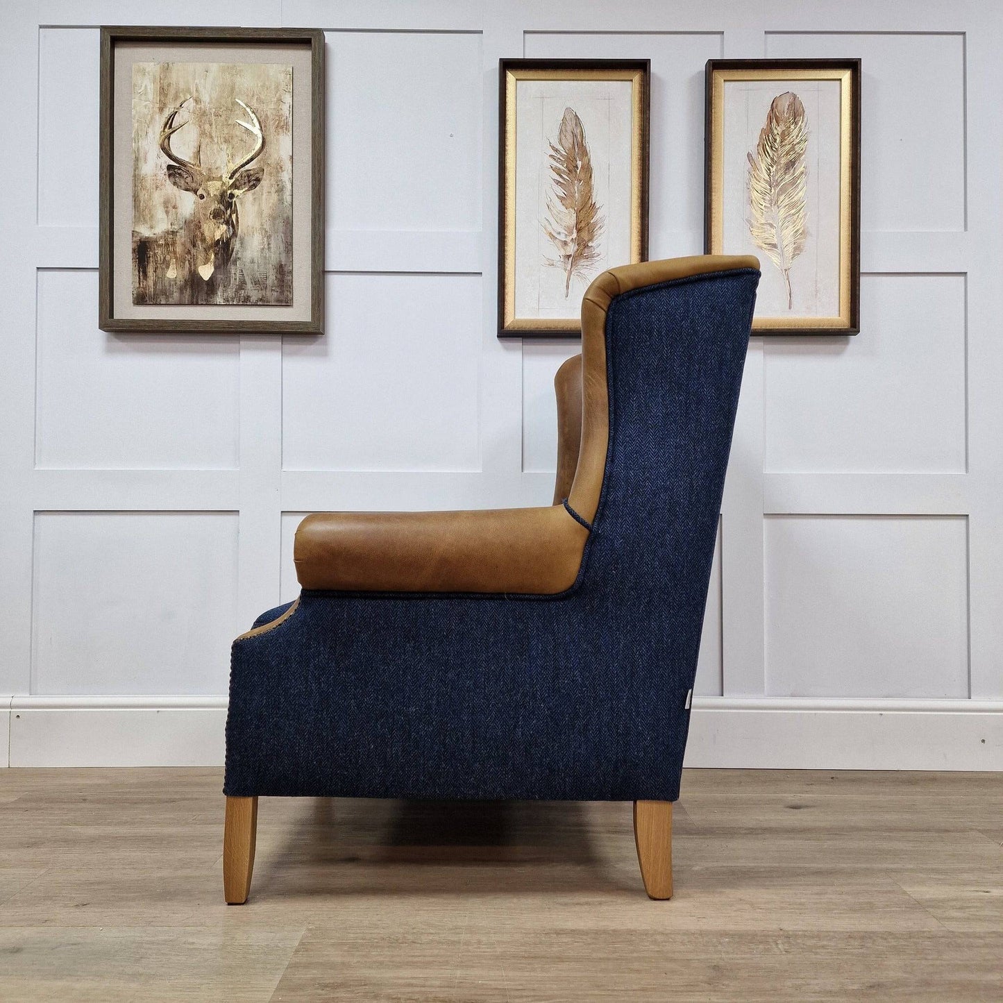 Dark Blue Harris Tweed & Leather Wing Armchair - Livingston - Chairs - Rydan Interiors
