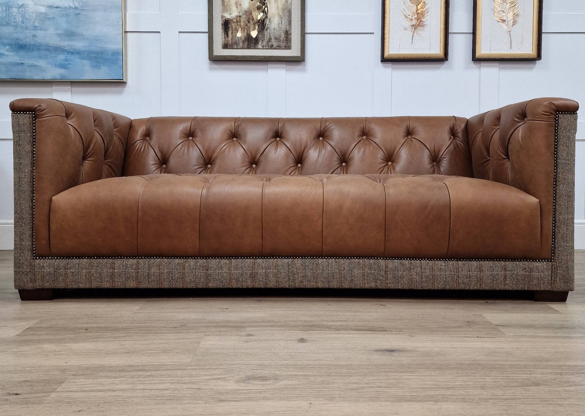 Saddle Tan Leather & Harris Tweed Chesterfield - Atik - Rydan Interiors