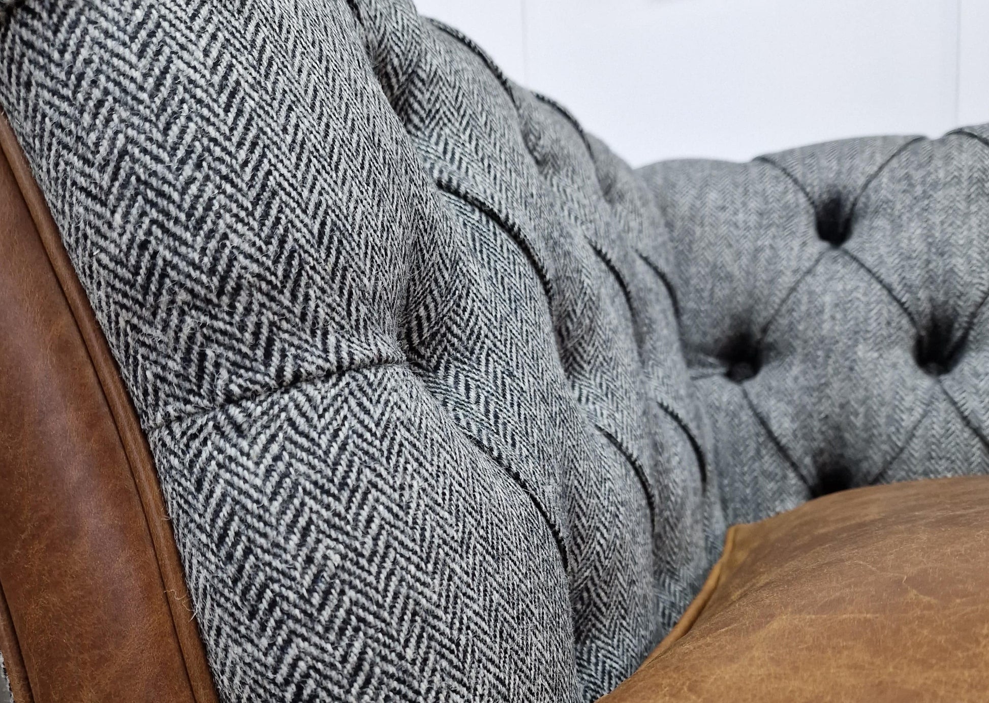 3 Seater - Harris Tweed and Leather Sofa - Grey Herringbone - Bernard - Rydan Interiors
