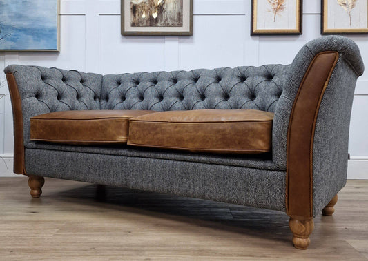 2 Seater - Harris Tweed Sofa and Leather - Grey Herringbone - Bernard - Rydan Interiors