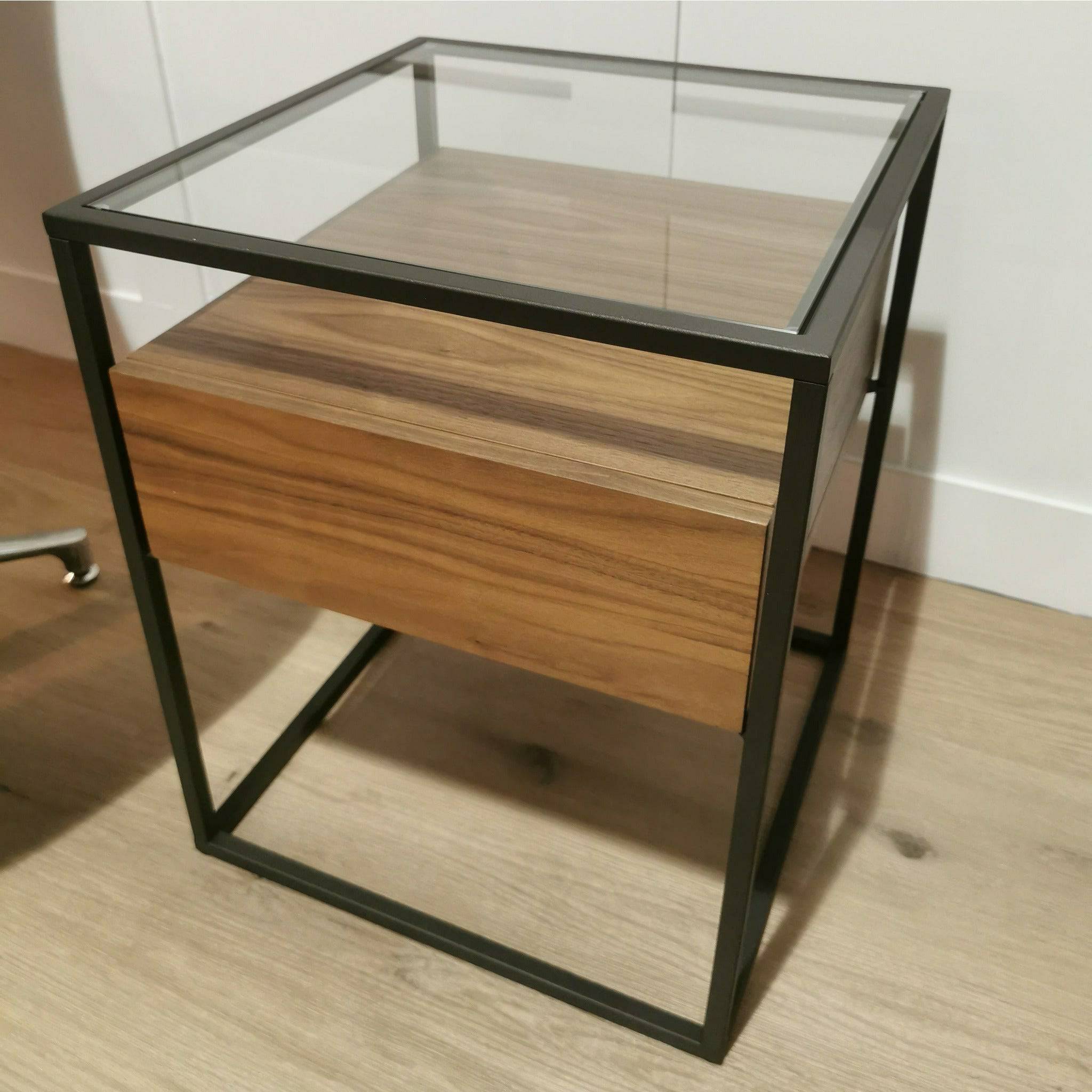 Glass and black on sale metal side table