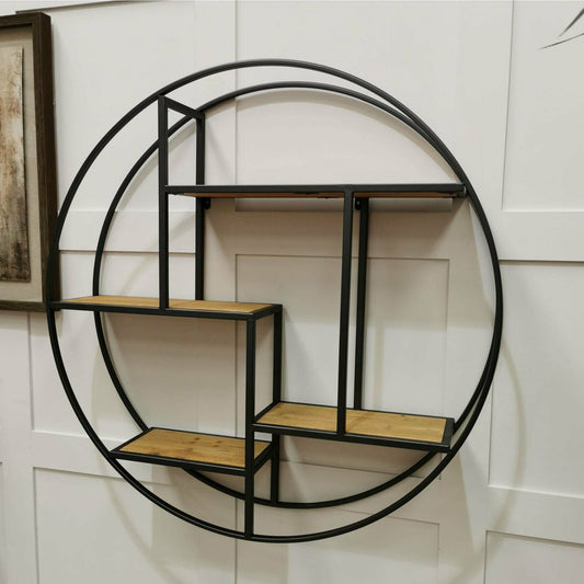 Large Industrial Meatal And Wood Round Wall Shelf - Wall Storage - Rydan Interiors